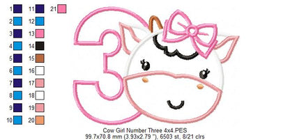 Cow Girl Birthday Number 3 Three 3rd Birthday - Applique
