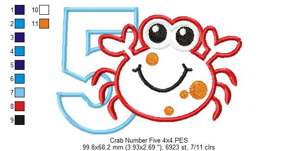Crab Birthday Number 5 Five 5th Birthday - Applique