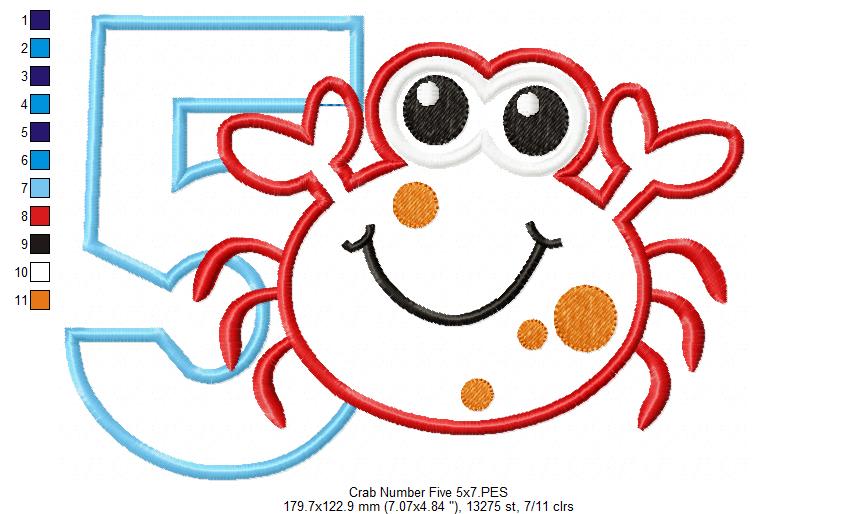 Crab Birthday Number 5 Five 5th Birthday - Applique