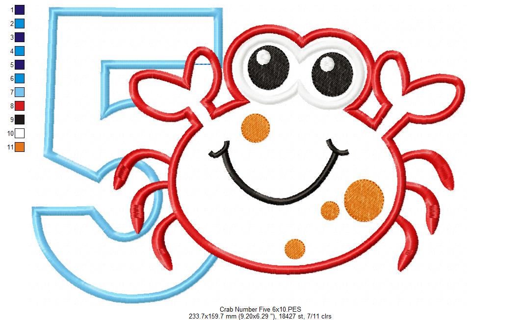 Crab Birthday Number 5 Five 5th Birthday - Applique