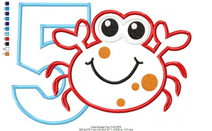 Crab Birthday Number 5 Five 5th Birthday - Applique