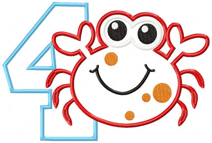 Crab Birthday Number 4 Four 4th birthday - Applique