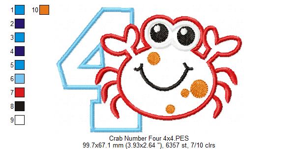 Crab Birthday Number 4 Four 4th birthday - Applique