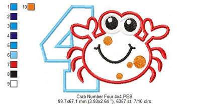 Crab Birthday Number 4 Four 4th birthday - Applique