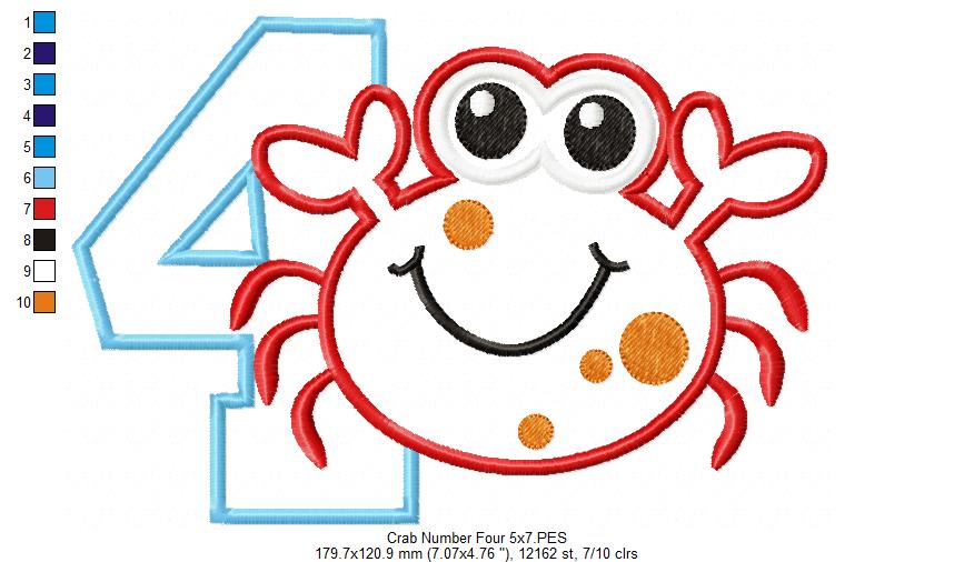 Crab Birthday Number 4 Four 4th birthday - Applique