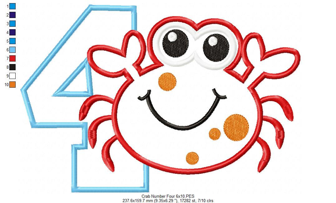 Crab Birthday Number 4 Four 4th birthday - Applique