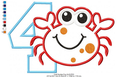 Crab Birthday Number 4 Four 4th birthday - Applique