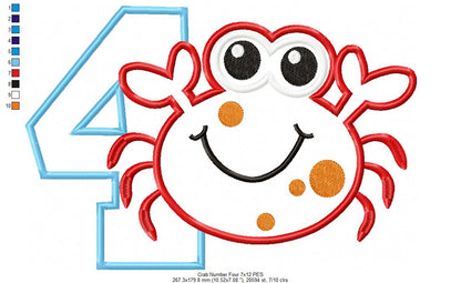 Crab Birthday Number 4 Four 4th birthday - Applique