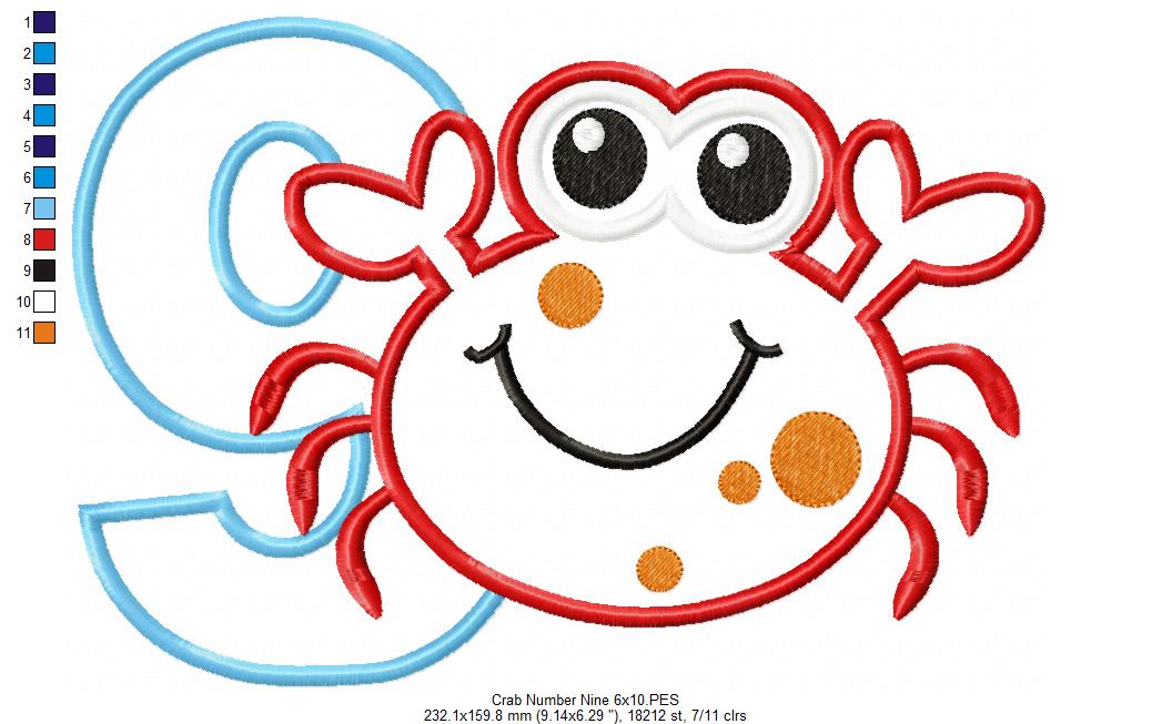 Crab Number 9 Nine 9th Birthday - Applique