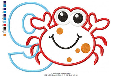 Crab Number 9 Nine 9th Birthday - Applique
