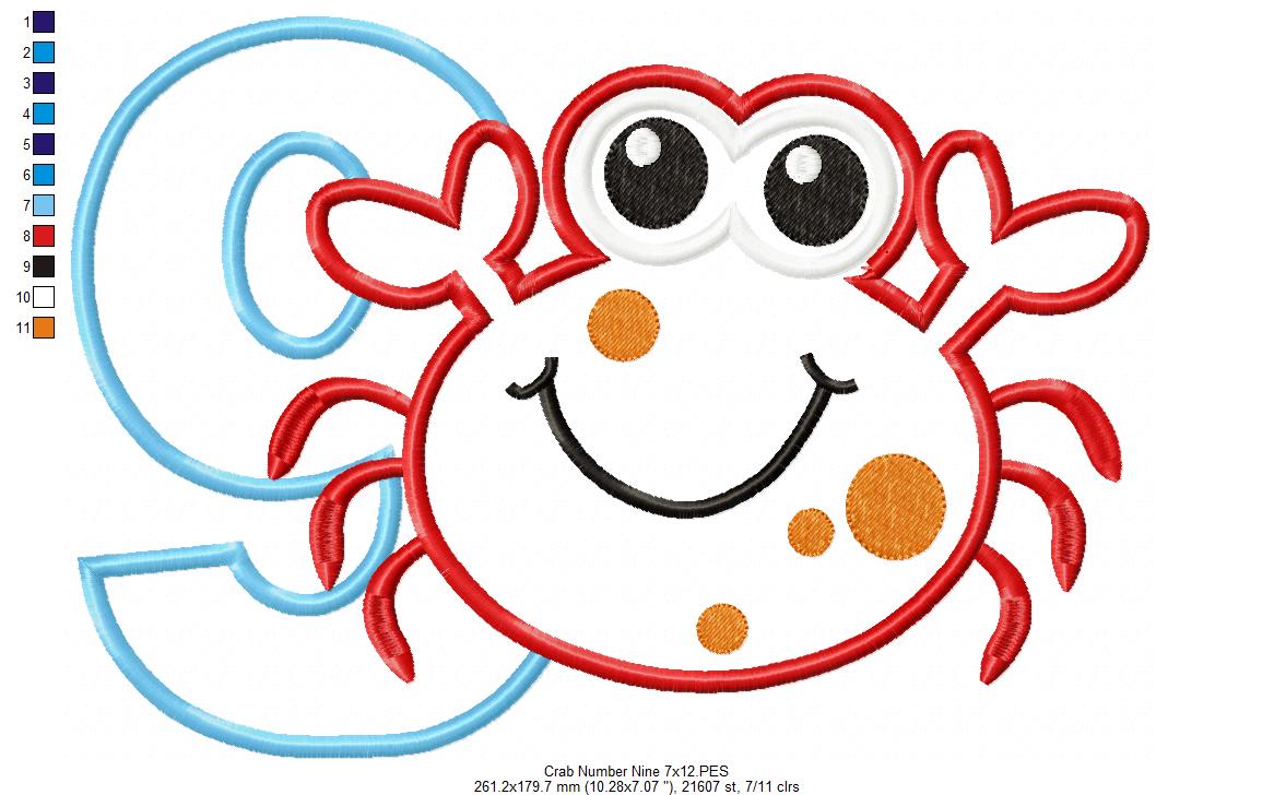 Crab Number 9 Nine 9th Birthday - Applique