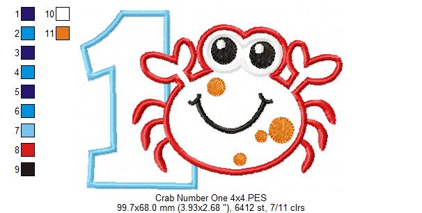 Crab Birthday Number 1 One 1st Birthday - Applique