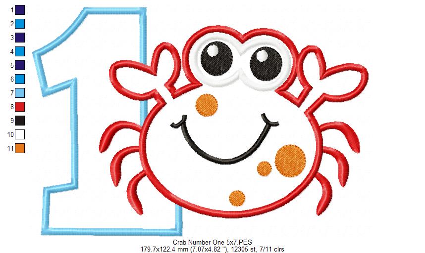 Crab Birthday Number 1 One 1st Birthday - Applique