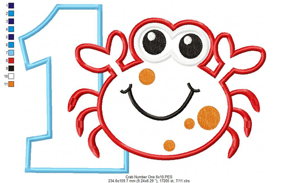 Crab Birthday Number 1 One 1st Birthday - Applique