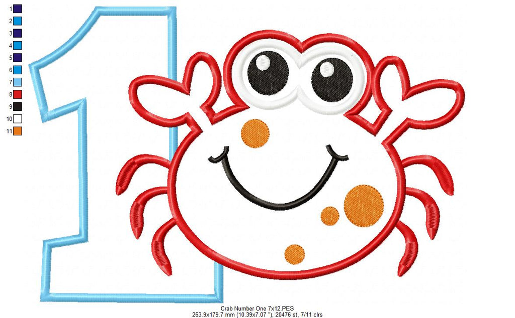 Crab Birthday Number 1 One 1st Birthday - Applique