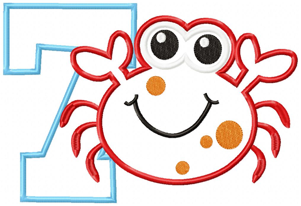 Crab Birthday Number 7 Seven 7th Birthday - Applique