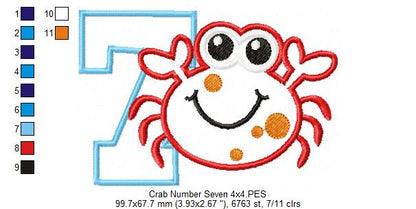 Crab Birthday Number 7 Seven 7th Birthday - Applique
