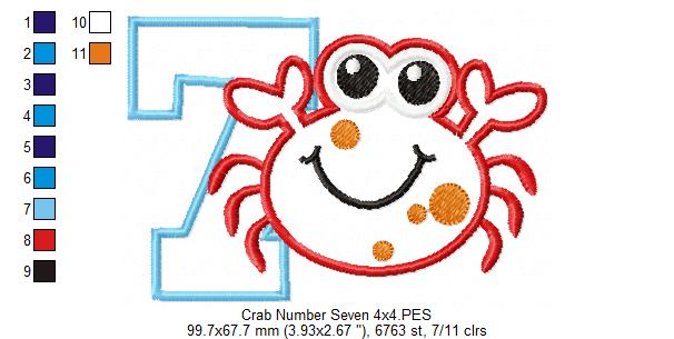 Crab Birthday Number 7 Seven 7th Birthday - Applique
