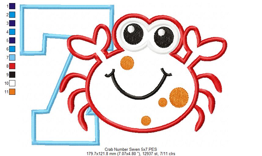 Crab Birthday Number 7 Seven 7th Birthday - Applique