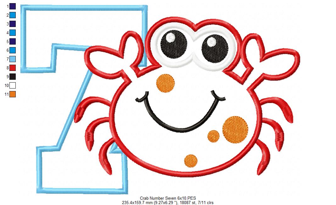 Crab Birthday Number 7 Seven 7th Birthday - Applique