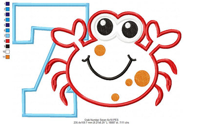 Crab Birthday Number 7 Seven 7th Birthday - Applique