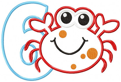 Crab Birthday Number 6 Six 6th Birthday - Applique