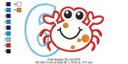 Crab Birthday Number 6 Six 6th Birthday - Applique