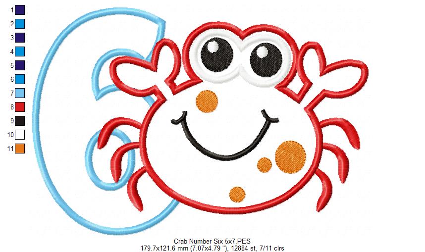 Crab Birthday Number 6 Six 6th Birthday - Applique