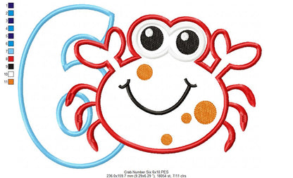 Crab Birthday Number 6 Six 6th Birthday - Applique