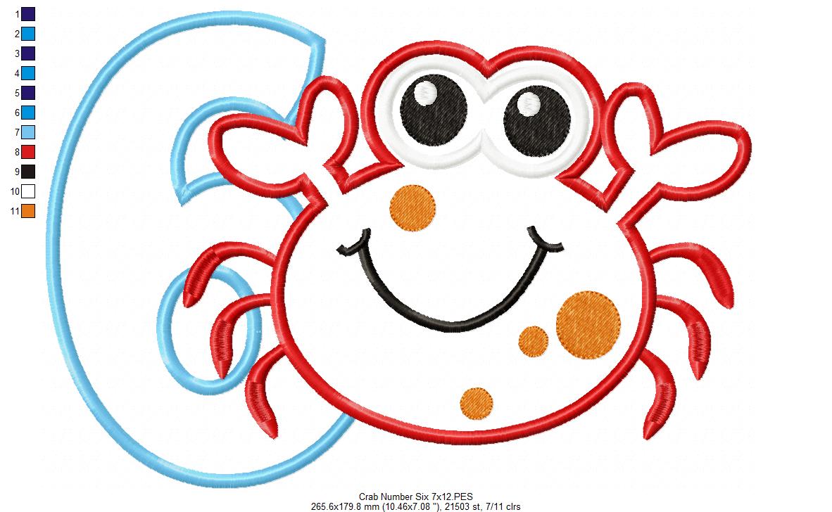 Crab Birthday Number 6 Six 6th Birthday - Applique