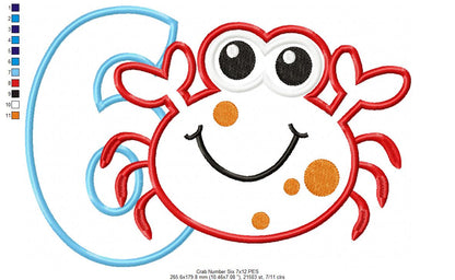 Crab Birthday Number 6 Six 6th Birthday - Applique