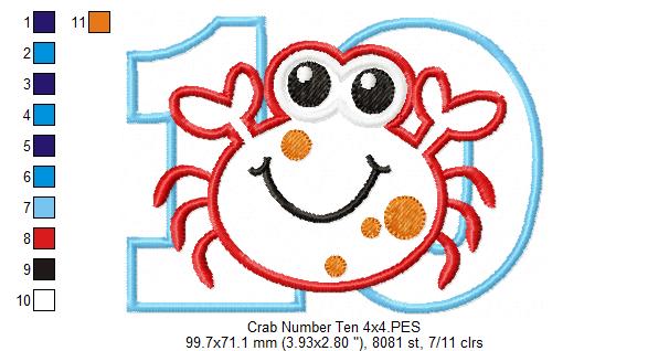 Crab Number Ten 10 Tenth Birthday - Applique
