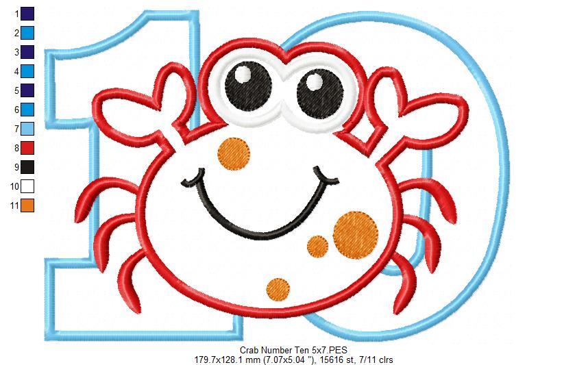 Crab Number Ten 10 Tenth Birthday - Applique