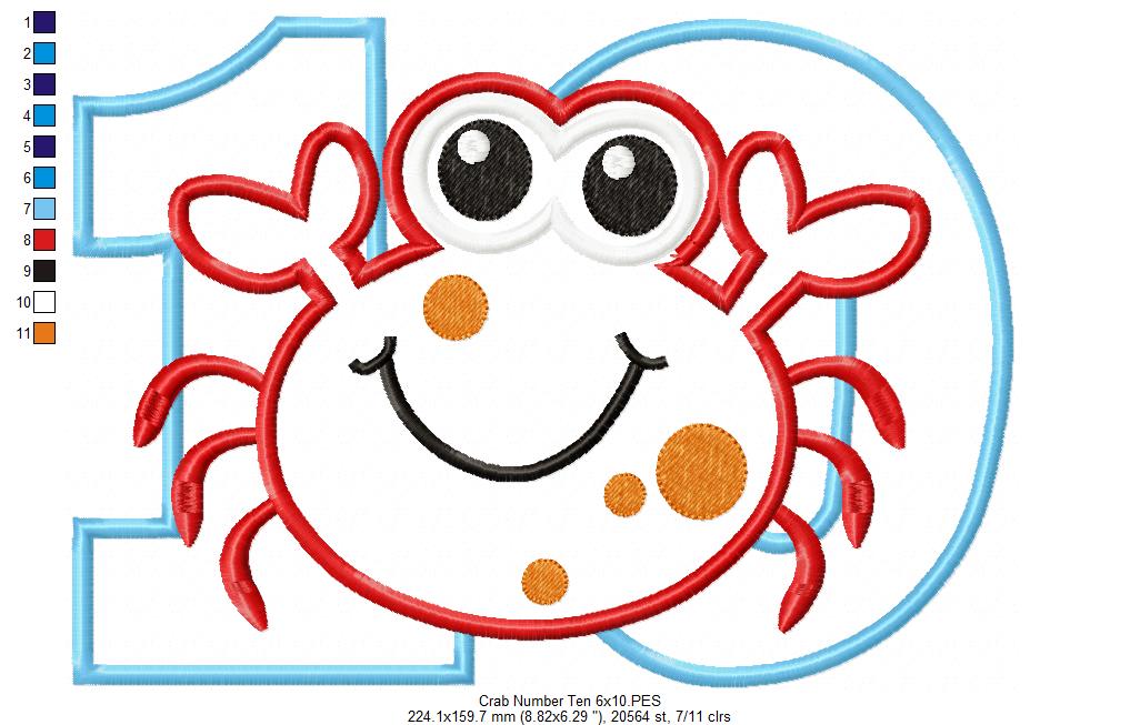 Crab Number Ten 10 Tenth Birthday - Applique