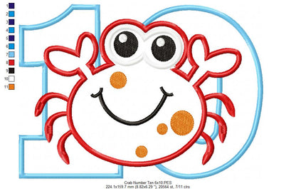 Crab Number Ten 10 Tenth Birthday - Applique