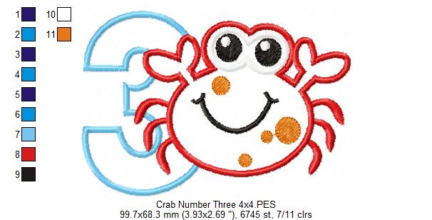 Crab Birthday Number 3 Three 3rd Birthday - Applique