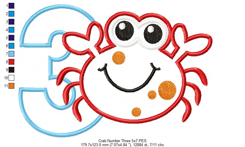 Crab Birthday Number 3 Three 3rd Birthday - Applique