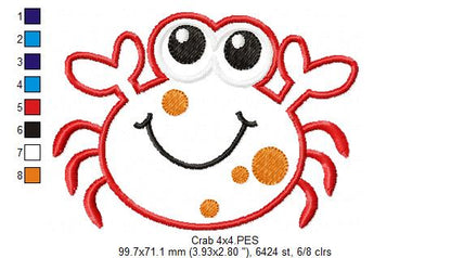Cute Happy Crab - Appliqué - Machine Embroidery Design