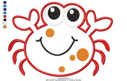 Cute Happy Crab - Appliqué - Machine Embroidery Design