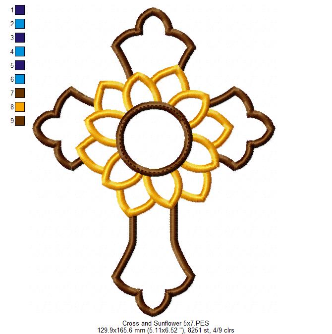 Cross and Sunflower - Applique - Machine Embroidery Design