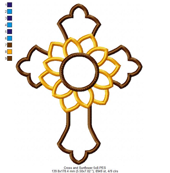 Cross and Sunflower - Applique - Machine Embroidery Design