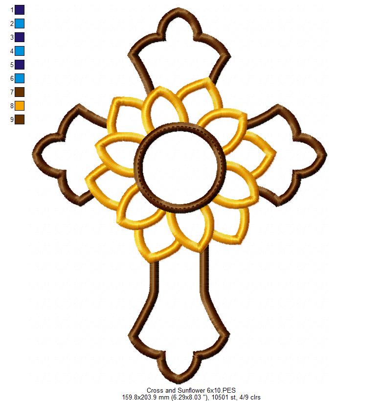Cross and Sunflower - Applique - Machine Embroidery Design