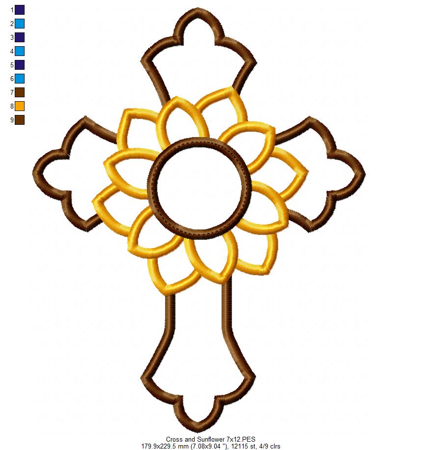 Cross and Sunflower - Applique - Machine Embroidery Design