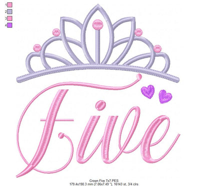 Crown Five 5th Birthday Tiara - Fill Stitch