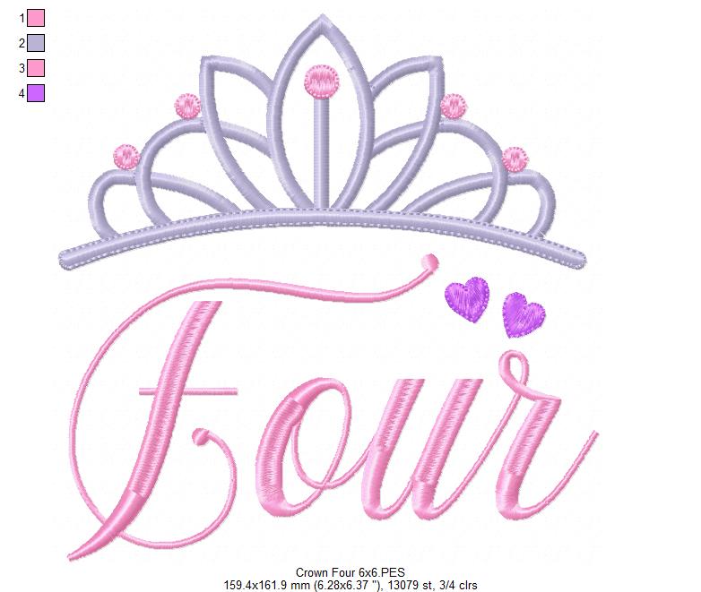 Crown Four 4th Birthday Tiara - Fill Stitch - Machine Embroidery Design