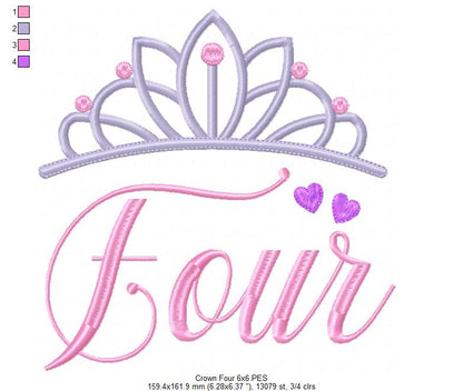 Crown Four 4th Birthday Tiara - Fill Stitch - Machine Embroidery Design