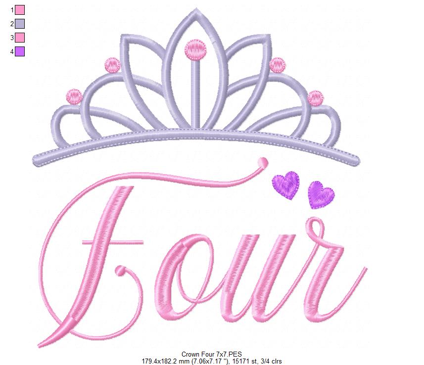 Crown Four 4th Birthday Tiara - Fill Stitch - Machine Embroidery Design