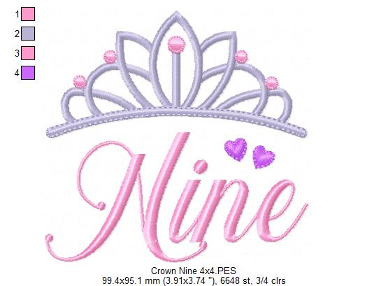 Crown Nine 9th Birthday Tiara - Fill Stitch
