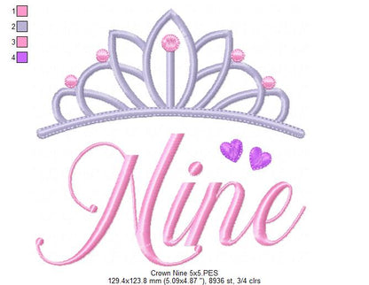 Crown Nine 9th Birthday Tiara - Fill Stitch