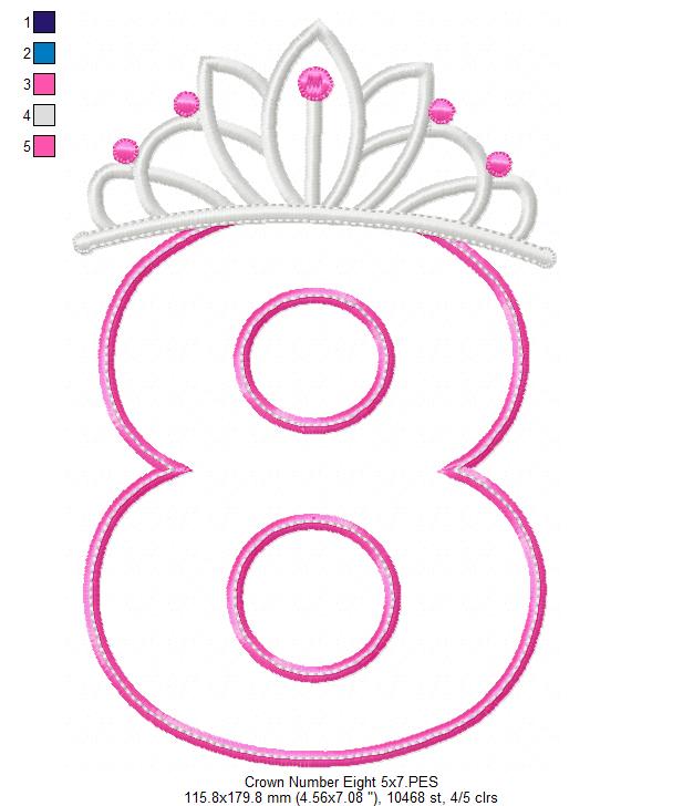 Princess Crown Number Eight - Applique Stitch - Machine Embroidery Design